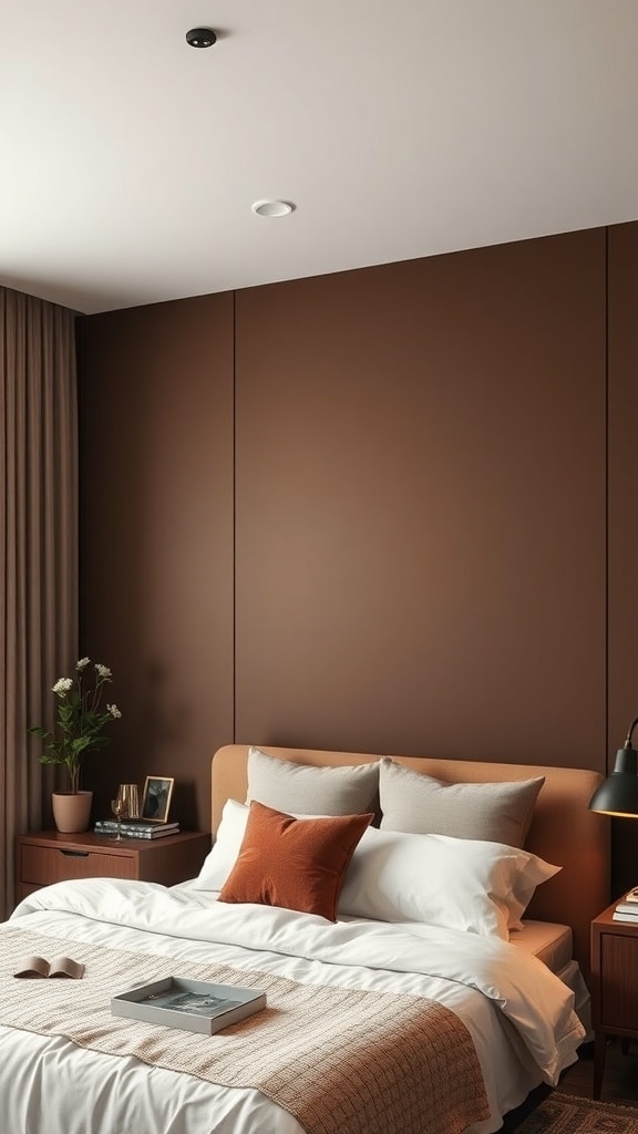 A cozy bedroom featuring a warm chocolate accent wall, light bedding, and stylish decor.