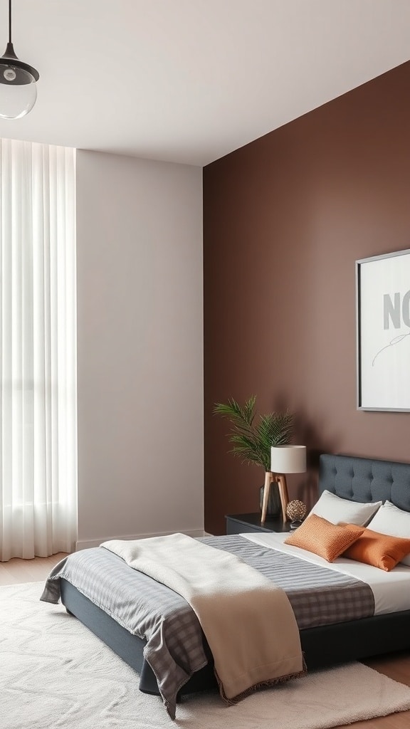 Cozy bedroom featuring a chocolate brown accent wall, gray bed linens, and a green plant.