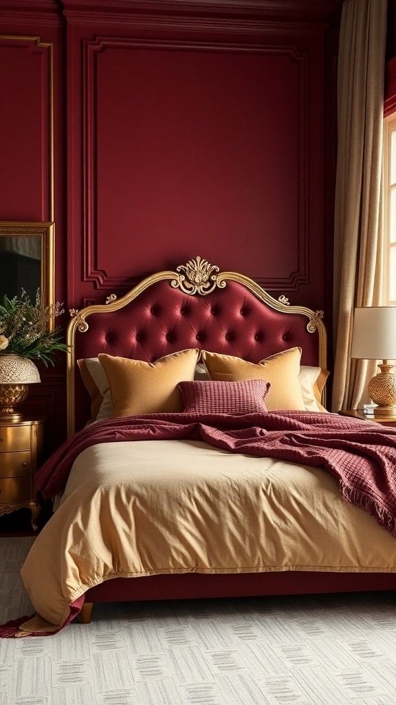 A luxurious bedroom with burgundy walls and gold accents, featuring a plush bed with decorative pillows.