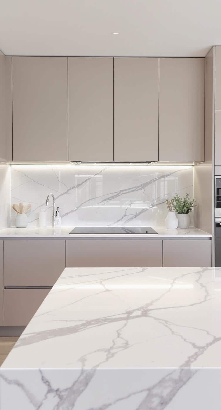 A modern kitchen featuring sleek greige cabinets and elegant marble countertops.