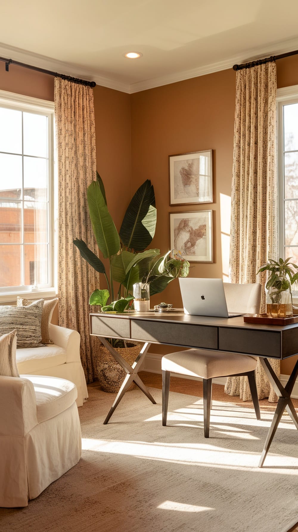 A warm-toned home office featuring a stylish desk, comfortable chair, and plants, creating a cozy workspace.