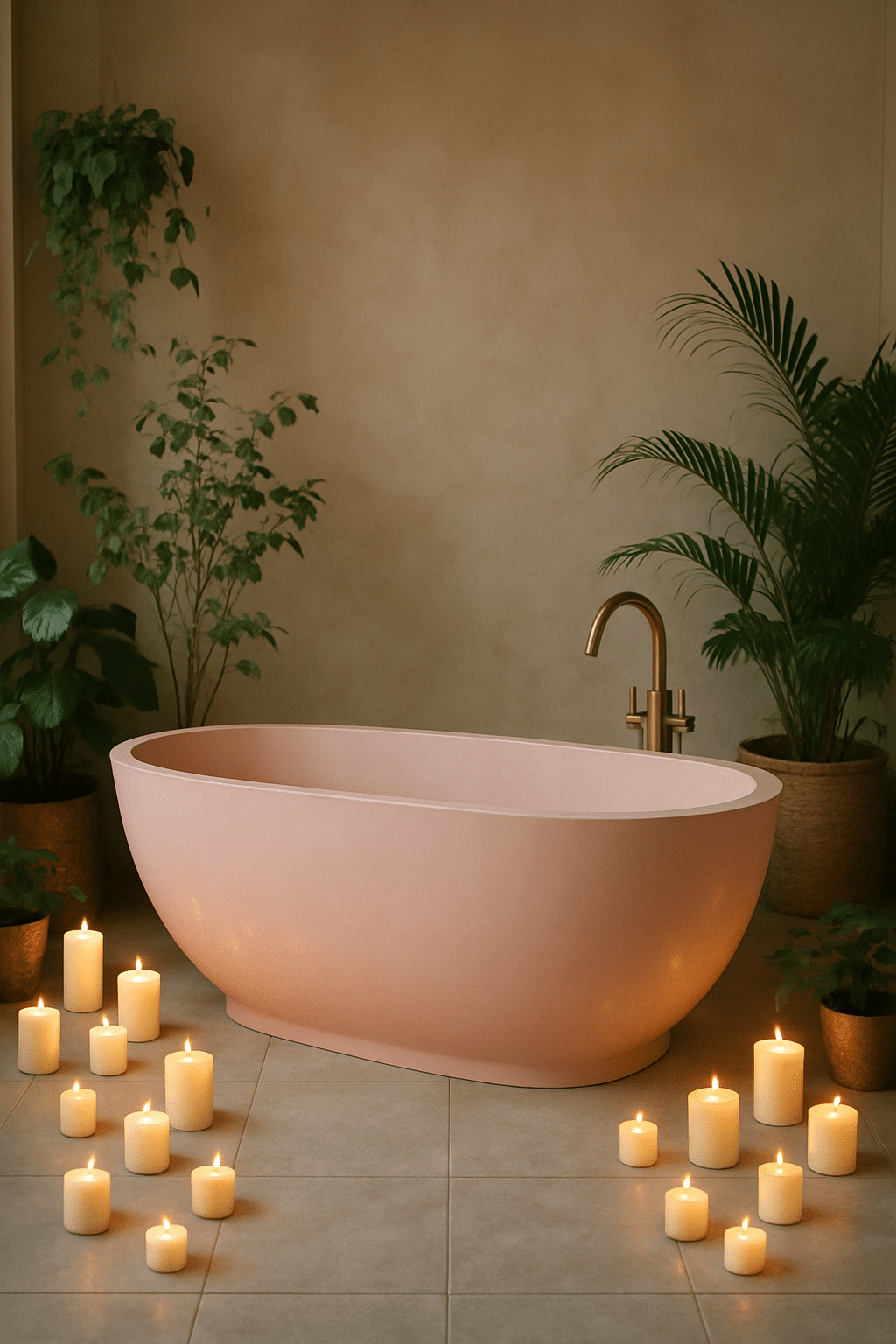 A blush pink bathtub surrounded by candles and plants in a cozy bathroom setting.