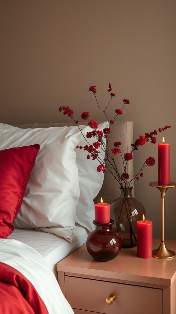 Cozy bedroom with red pillows, candles, and decorative flowers