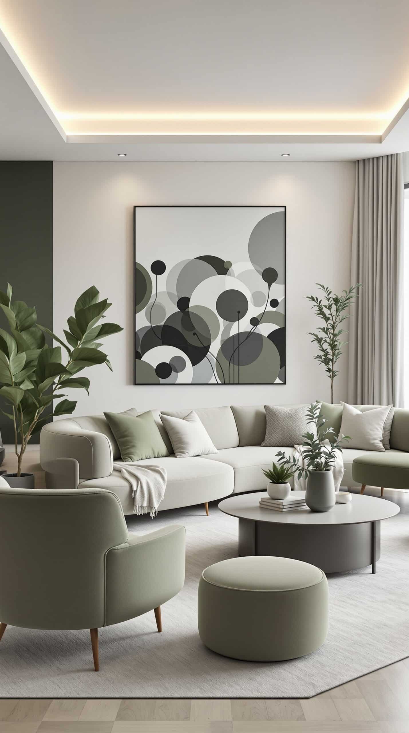 A modern minimalist living room featuring sage green accents, light walls, and simple furniture.