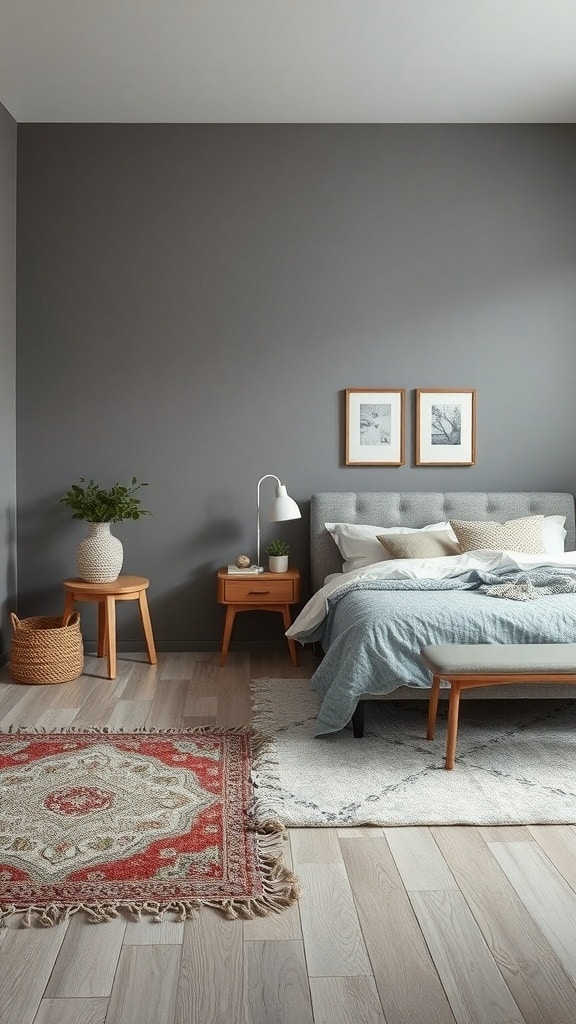 A neutral gray bedroom featuring layered rugs, a cozy bed, and wooden furniture.