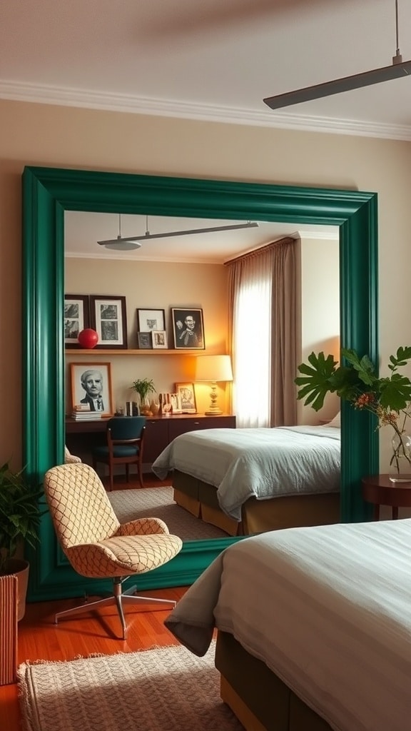 A mid-century bedroom featuring a large green framed mirror, cozy bedding, and stylish furniture.