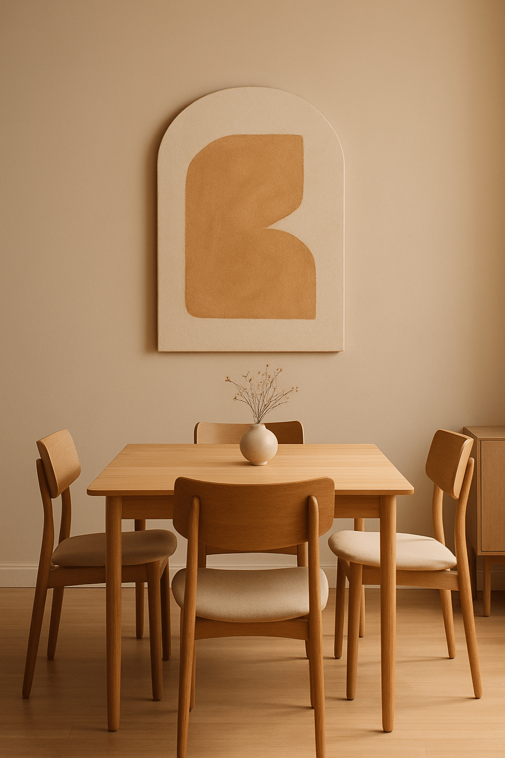 Minimalist dining room with caramel wall art and light wood furniture