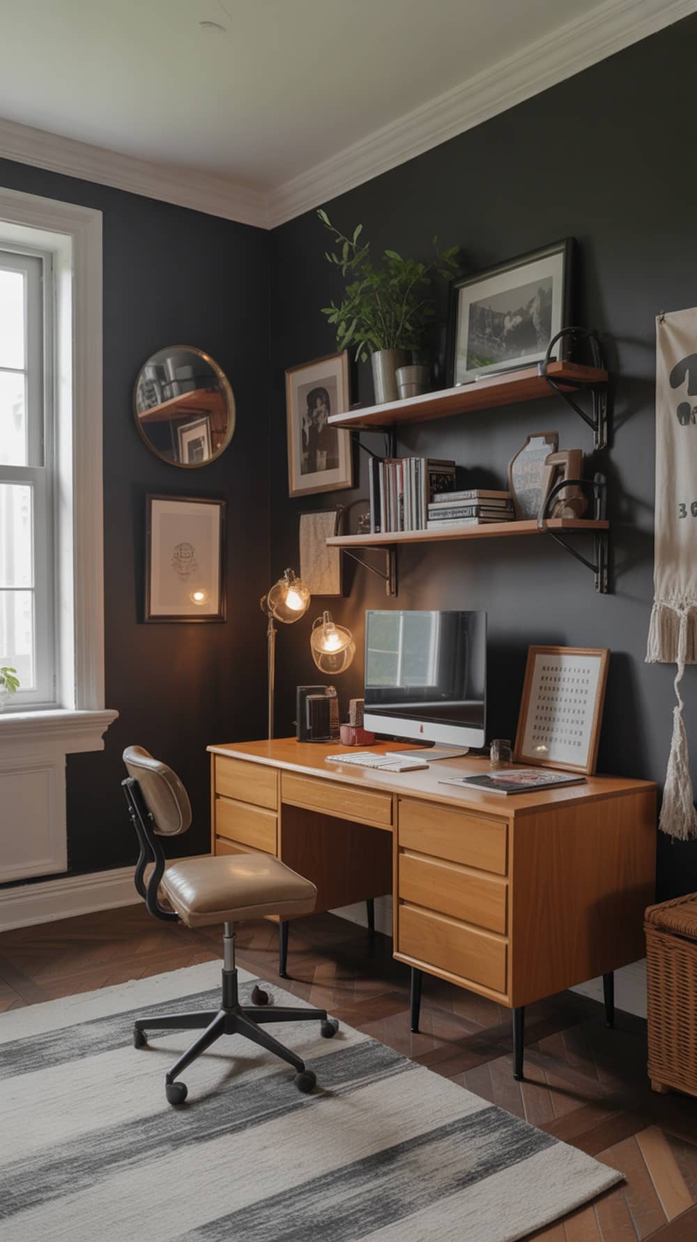 A vintage wooden desk with a chair in a charcoal gray dorm room, featuring shelves with books and decorative items.