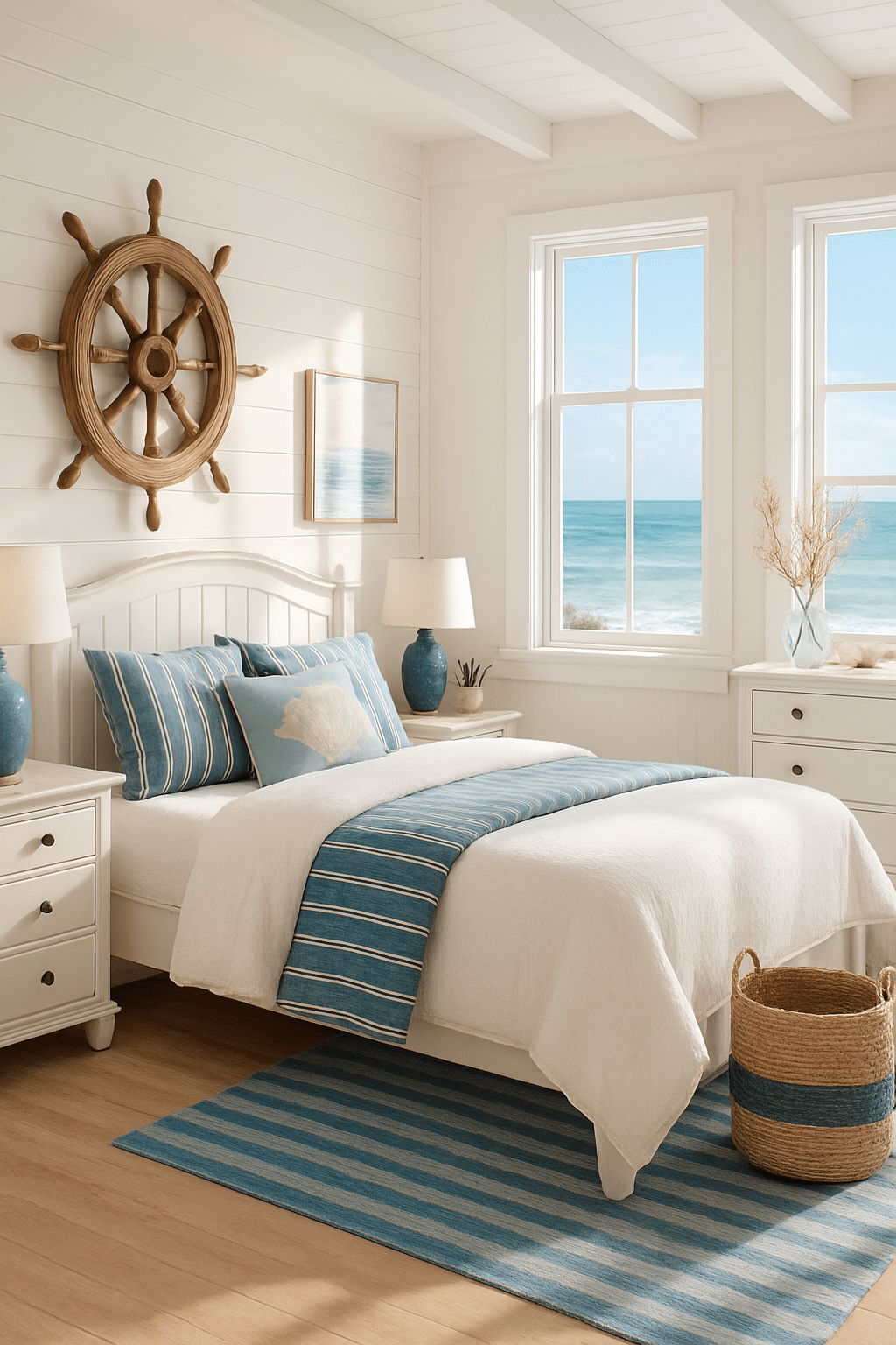 Coastal themed bedroom with white walls, blue accents, and ocean view