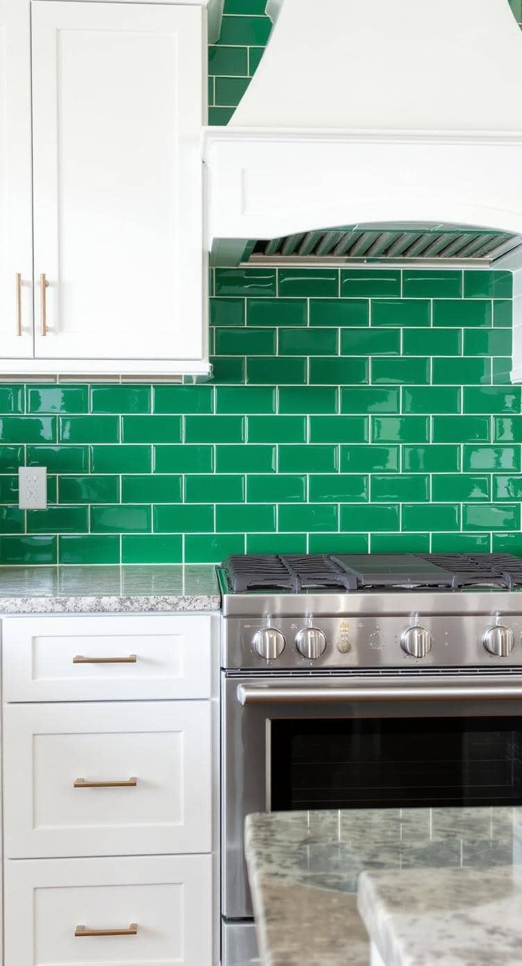 Stylish emerald green kitchen backsplash with white cabinets and stainless steel appliances