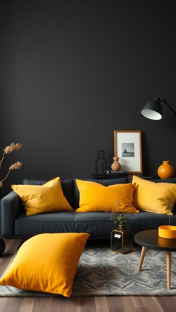 A living room with a charcoal gray wall and a dark sofa, featuring bright yellow pillows and decorative accents.