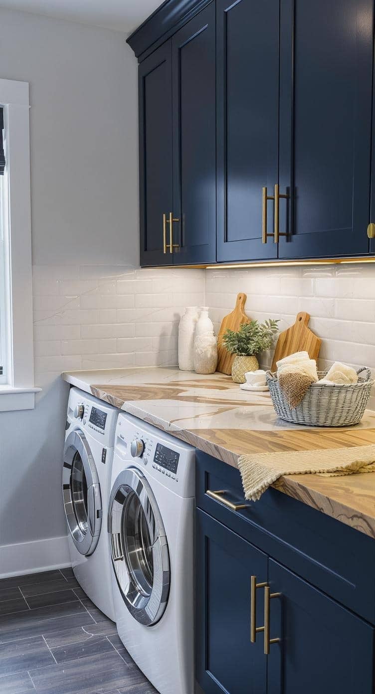Stylish laundry room featuring indigo cabinets and a textured countertop