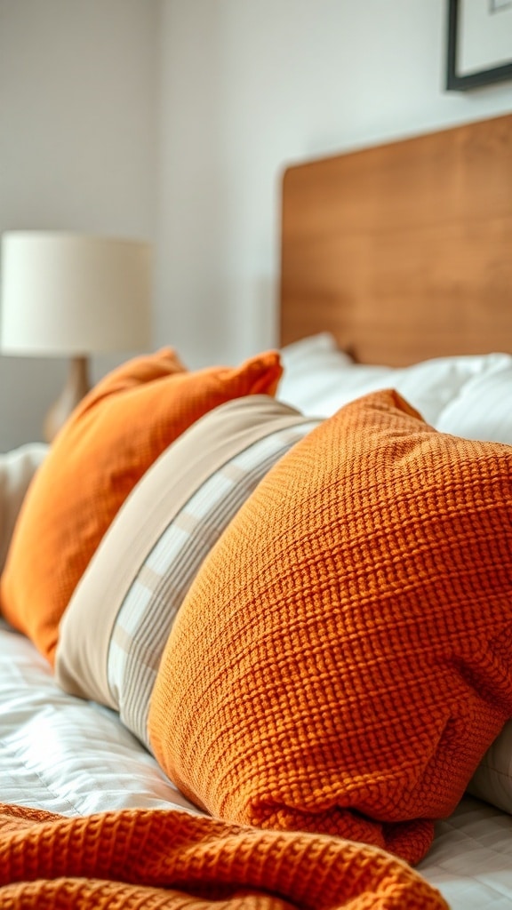 Cozy bedroom with textured orange throw pillows on a bed