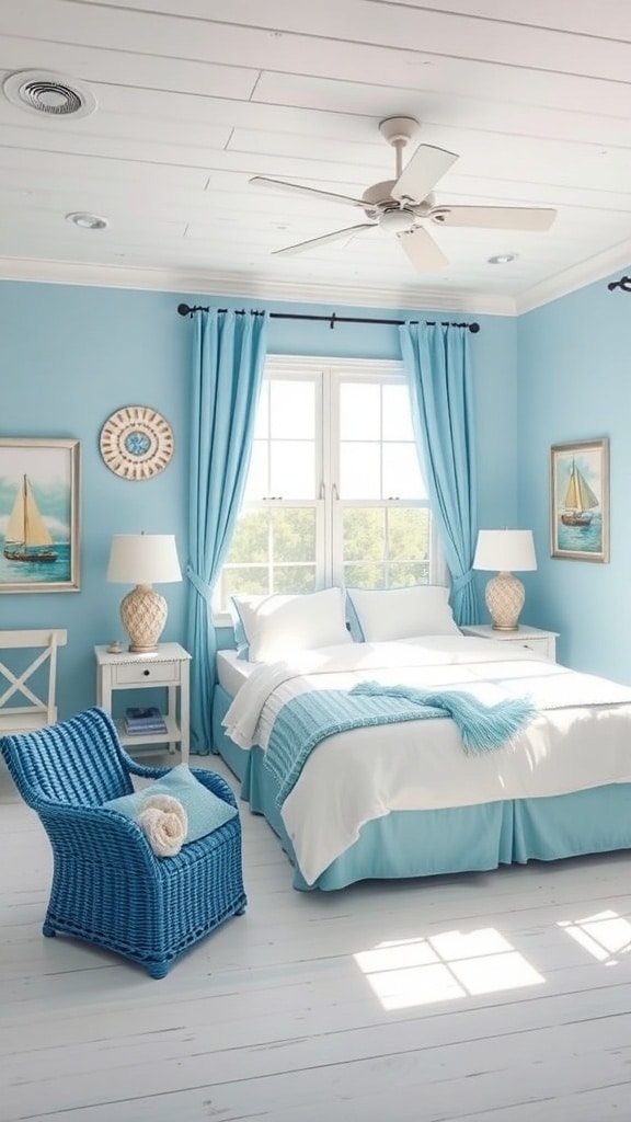 A bright blue and white bedroom with coastal decor, featuring a bed, wicker chair, and nautical-themed artwork.