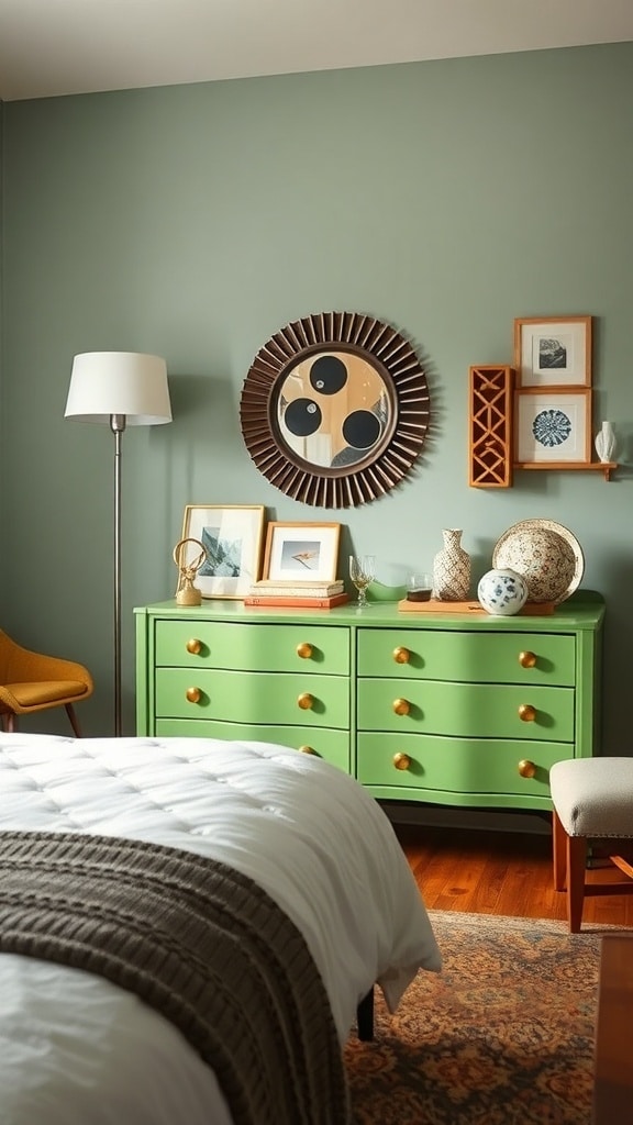 A vintage green dresser with golden knobs in a mid-century styled bedroom, featuring a round mirror and decorative items.