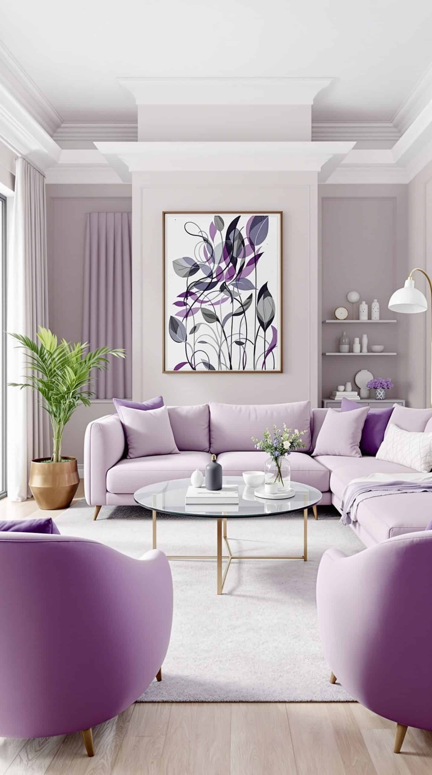 A modern living room featuring lavender furniture, including a sectional sofa, coffee table, and plants, with a light purple wall and framed artwork.