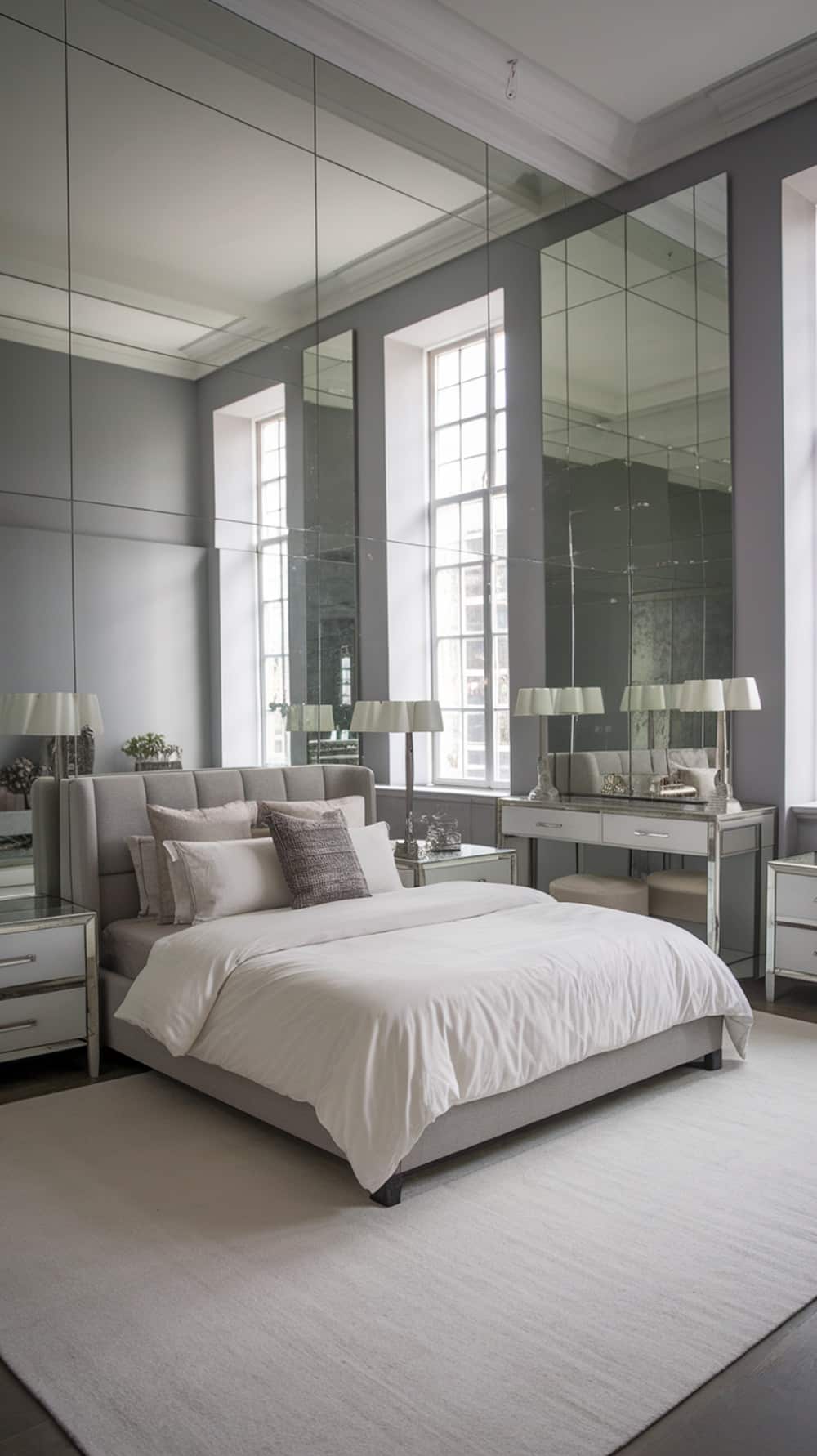 A minimalist gray bedroom featuring two tall mirrors reflecting light and creating an illusion of space.