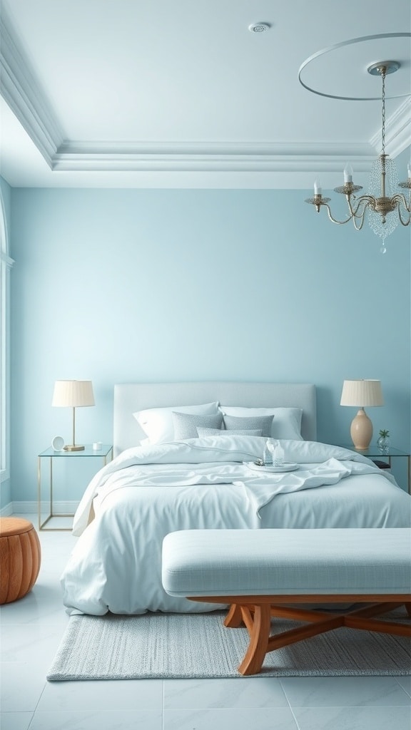 A serene light blue bedroom with elegant decor and soft bedding.