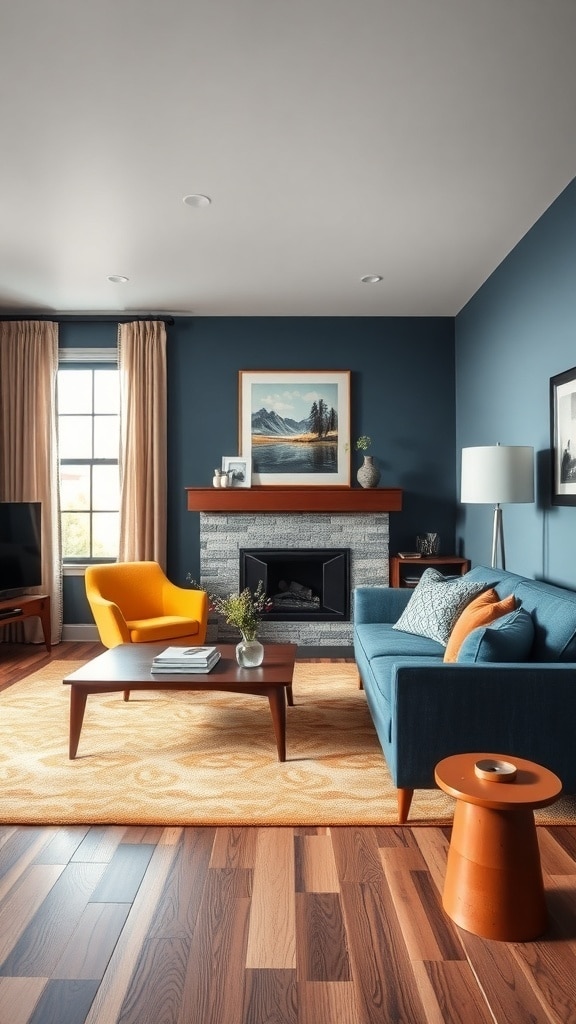 A mid-century living room featuring slate blue walls, an orange accent chair, and wooden flooring.