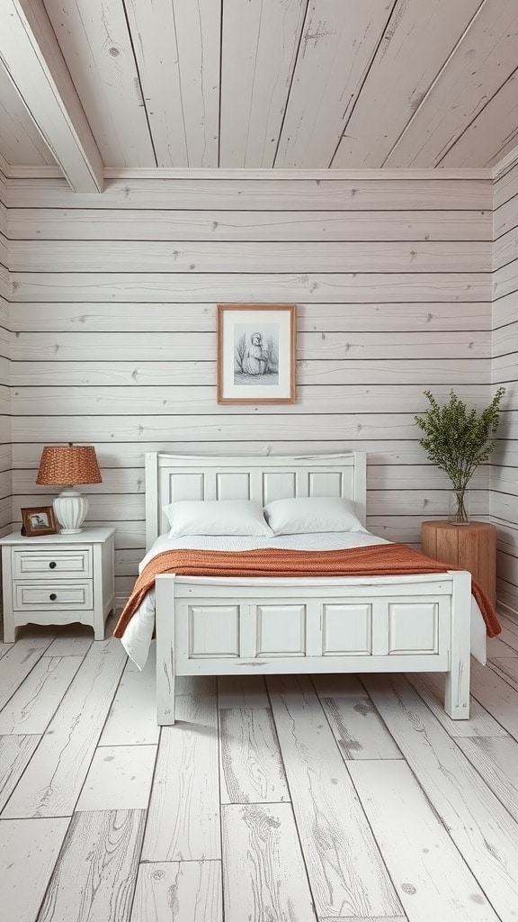 Cozy bedroom with whitewashed wood accents on walls and ceiling, featuring a white bed, orange throw, and wooden furniture.