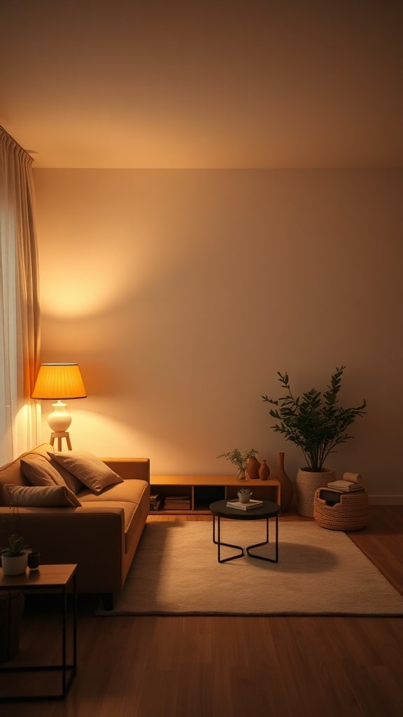A cozy minimalist living room with warm lighting, featuring a sofa, coffee table, and plants.