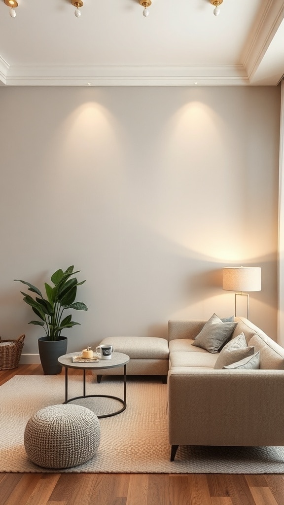 A cozy living room featuring a warm greige accent wall, light furniture, a plant, and soft lighting.