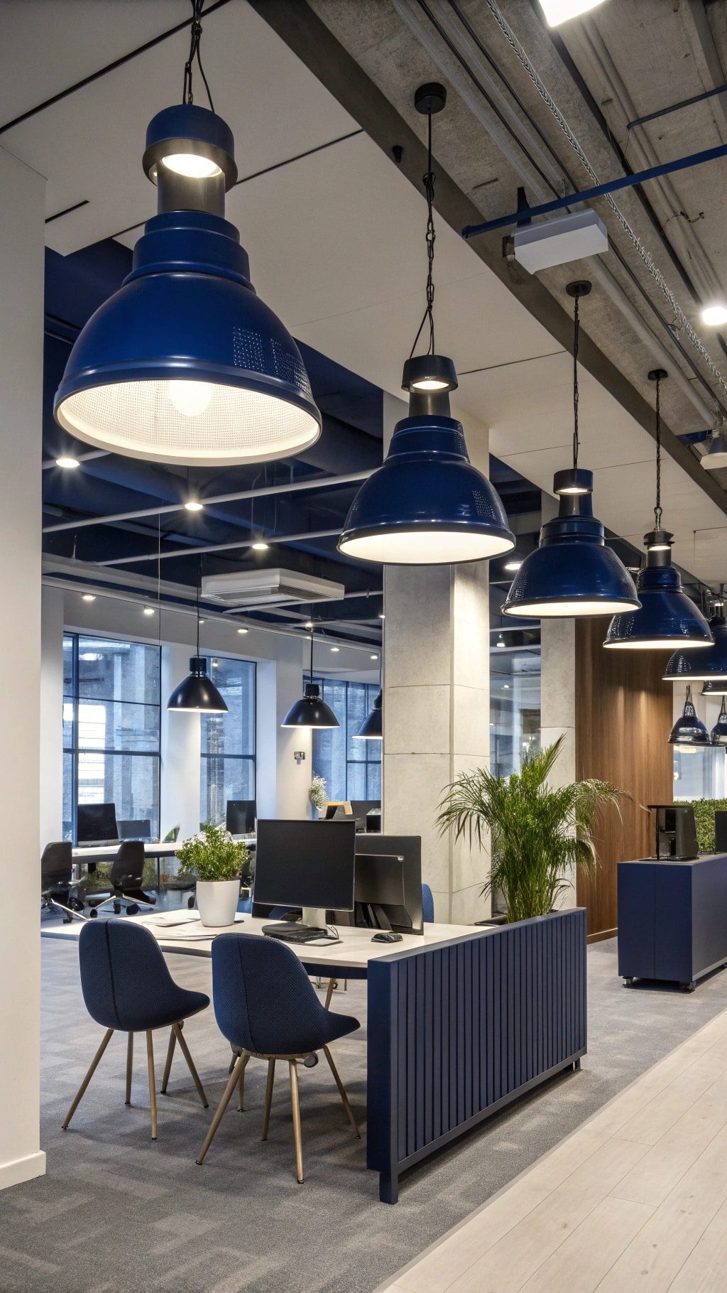 Modern office with navy blue pendant lighting fixtures