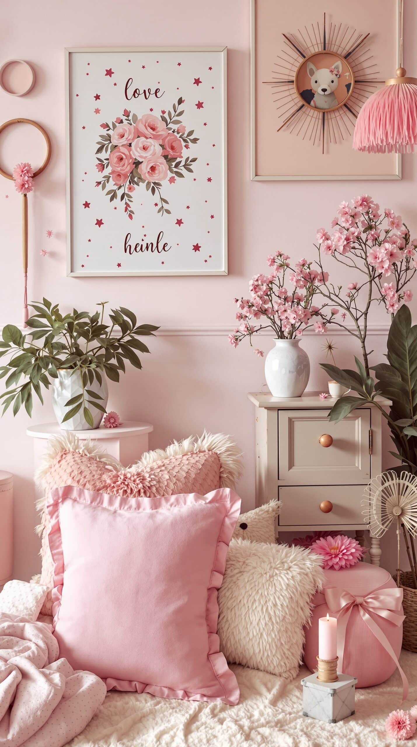 A cozy vintage pink bedroom corner with whimsical accessories including butterfly pillows, framed art, and pink decorations.