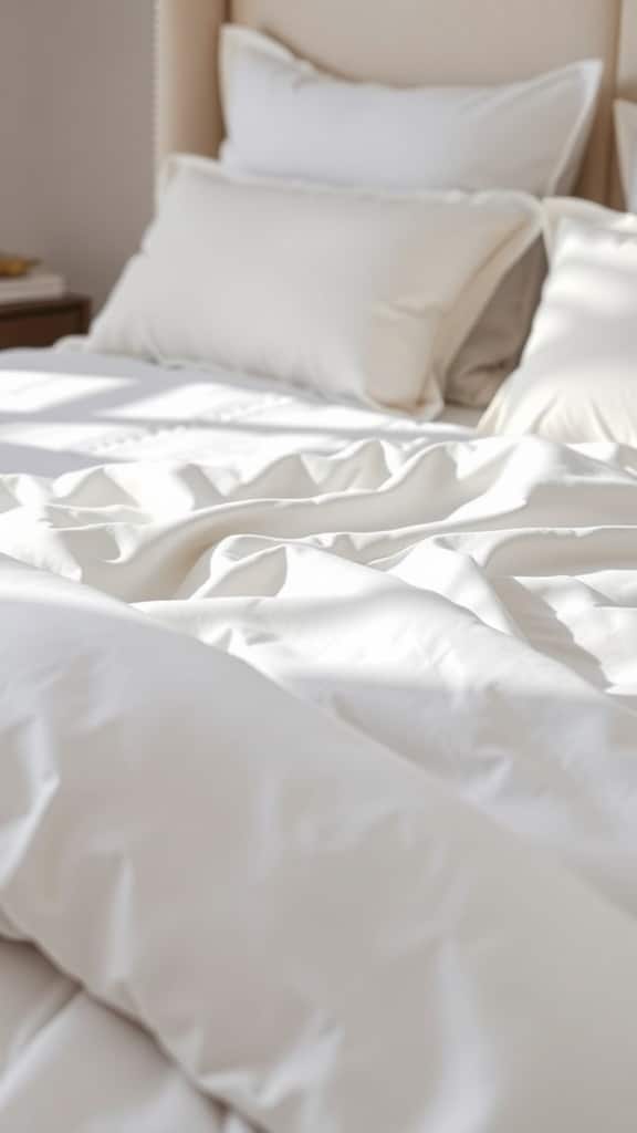 A close-up view of a bed with elegant white bedding, featuring soft pillows and a cozy duvet.