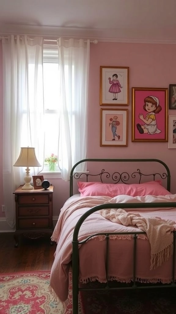 A vintage pink bedroom featuring framed artwork on the wall, a bed with pink linens, and a bedside table.