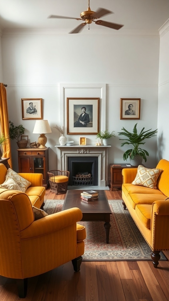 A vintage-inspired living room featuring mustard yellow sofas, wooden furniture, and classic portraits on the walls.