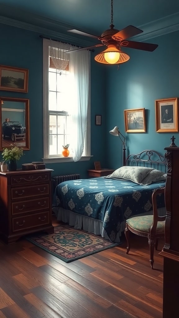 A vintage blue bedroom featuring a cozy bed, wooden furniture, and framed pictures on the walls.