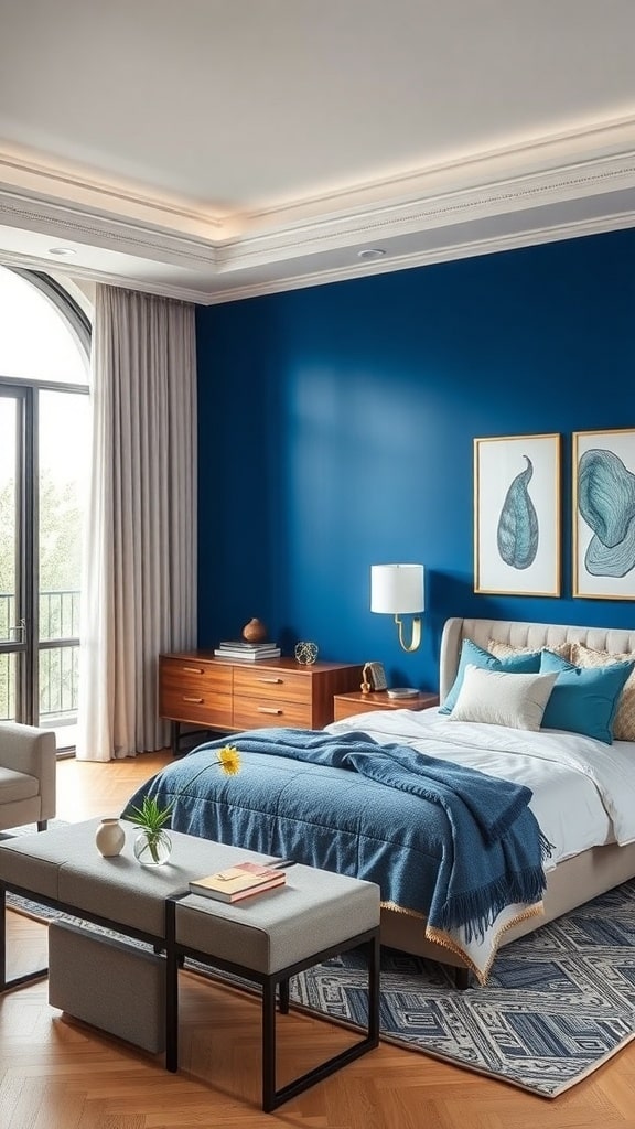 A luxurious bedroom featuring a royal blue accent wall, soft bedding, and stylish decor.