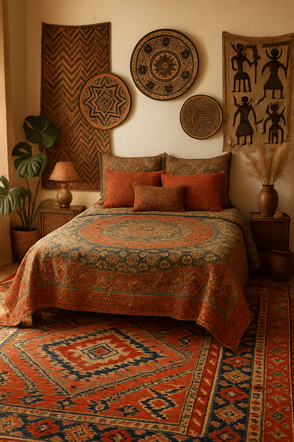 A cozy boho bedroom featuring rich patterned bedding, woven wall art, and natural decor elements.