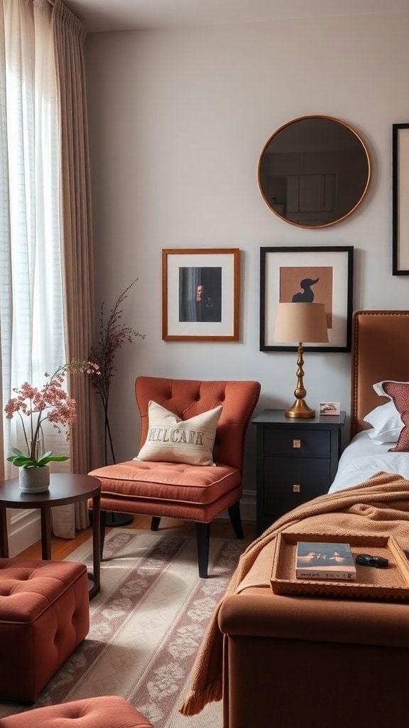 A cozy bedroom corner featuring chocolate brown furniture accents, including a chair and ottoman, with soft curtains and decorative art.