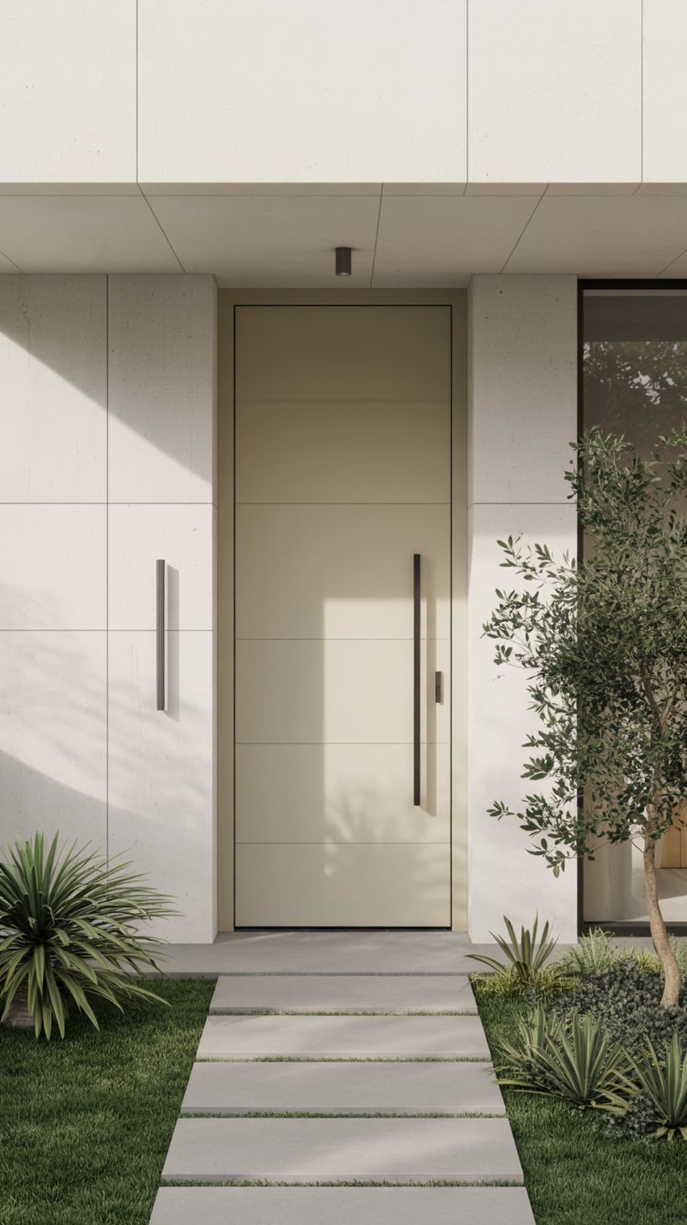 A sleek cream front door with minimalist design, surrounded by greenery and a stone pathway.