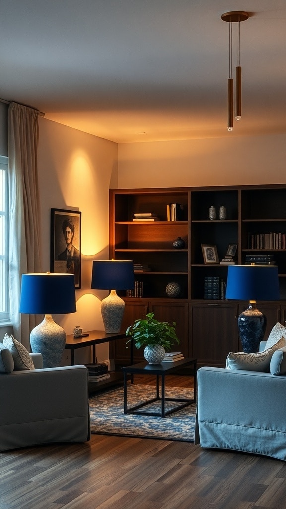 A cozy living room with indigo lighting fixtures, featuring stylish lamps and warm lighting.