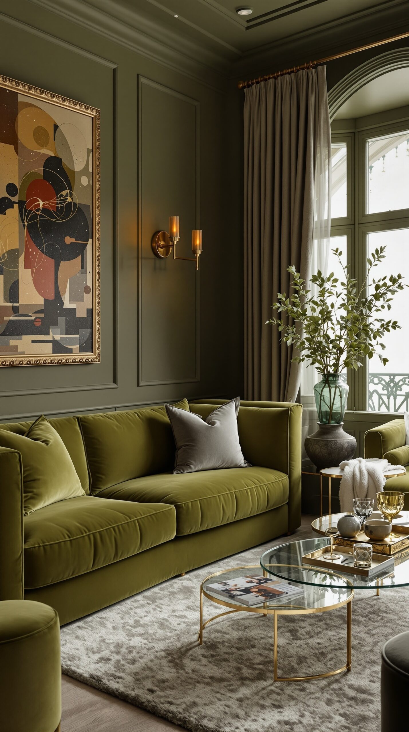 Luxurious olive green living room with velvet furniture and gold accents