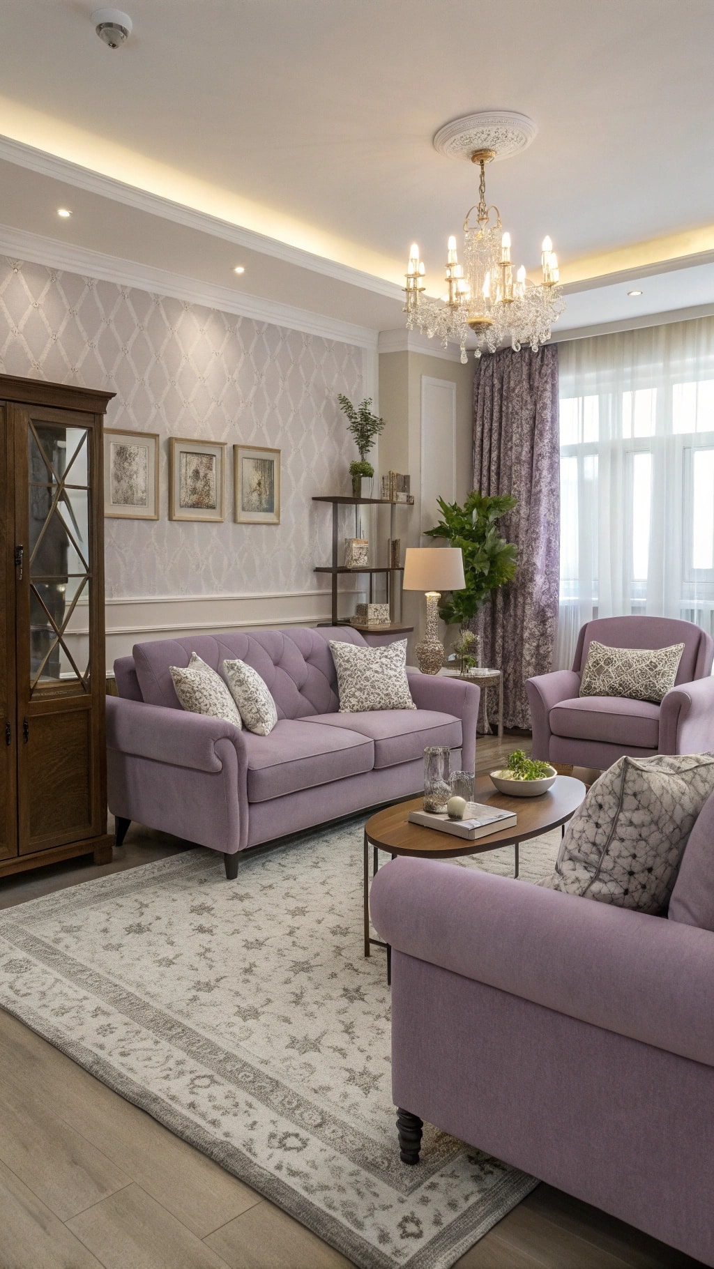 A luxurious lavender living room featuring elegant sofas, a chandelier, and a cozy layout.