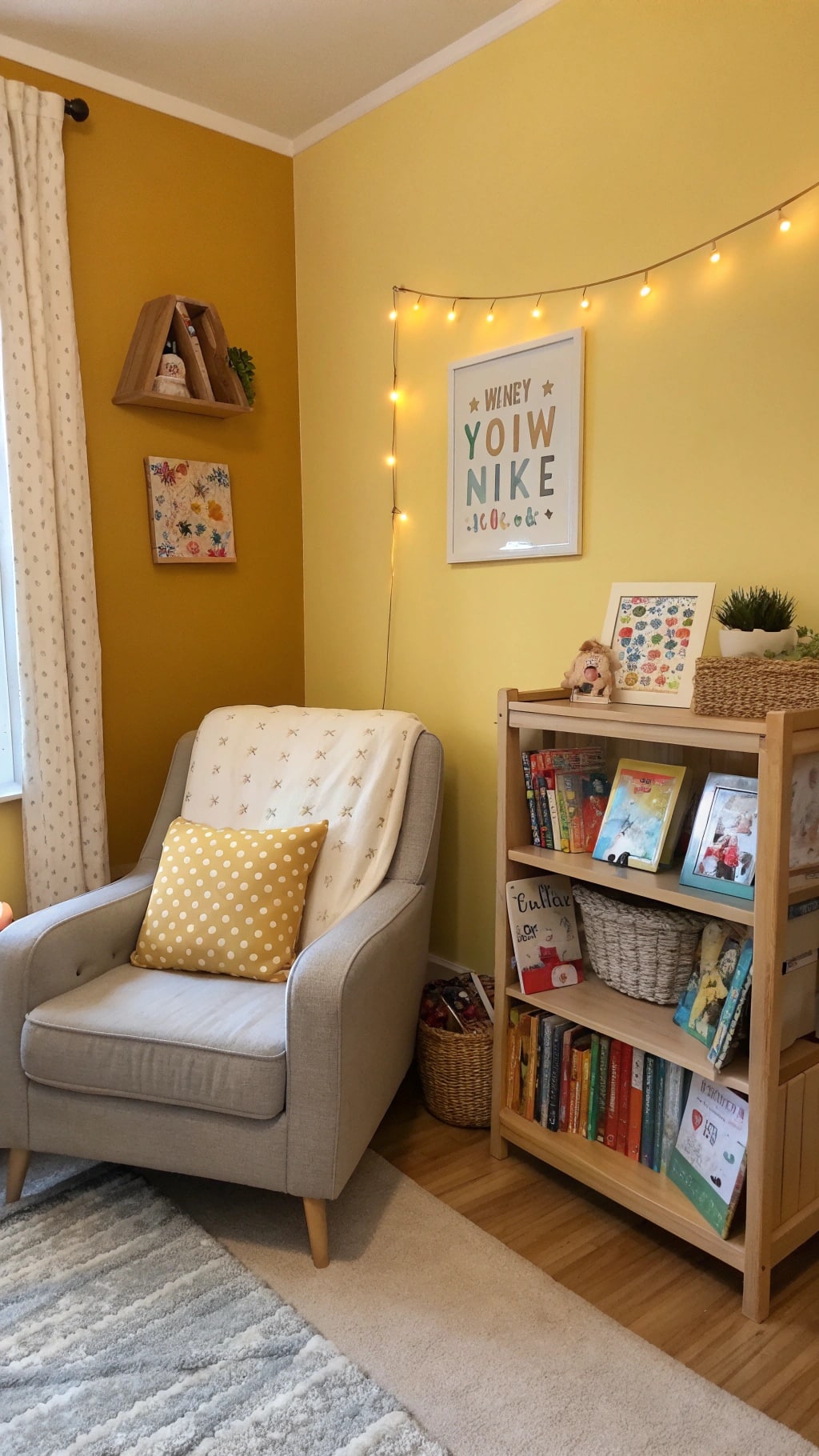 A cozy reading nook in a nursery with mustard yellow walls, a comfortable armchair, and a bookshelf filled with colorful books.