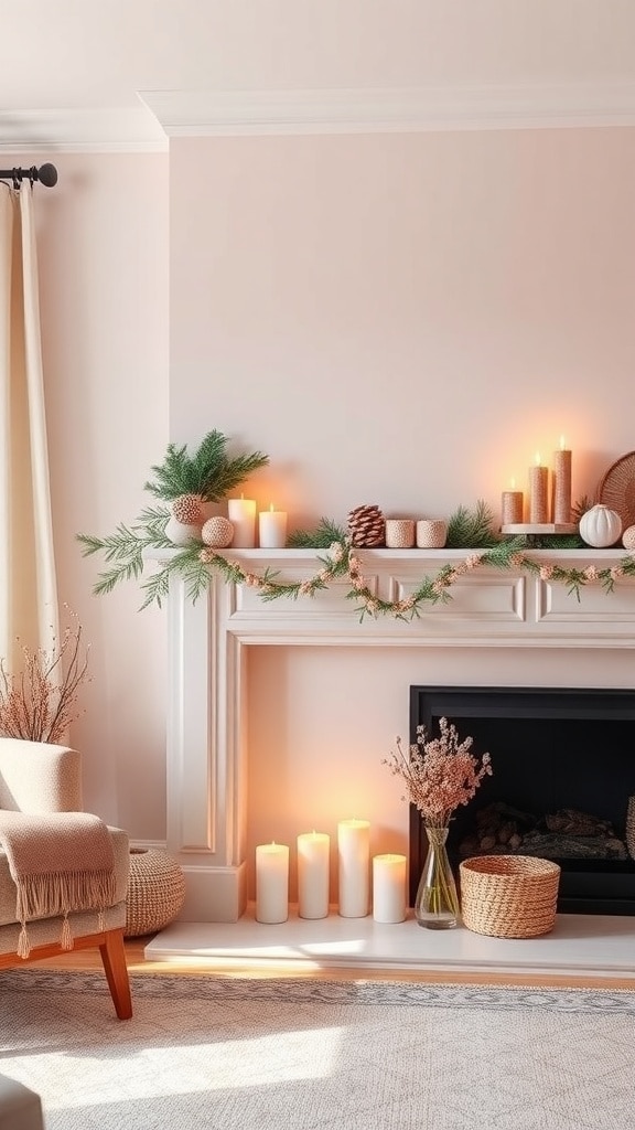 A cozy blush pink fireplace mantel decorated with greenery, candles, and natural elements.