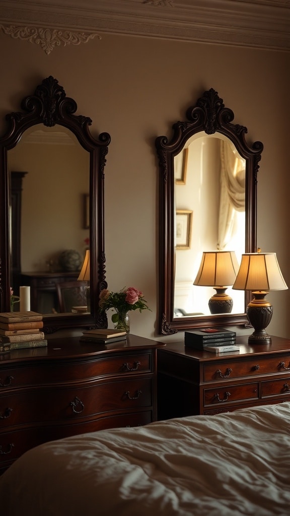 Two vintage burgundy mirrors above wooden dressers in a cozy bedroom setting.