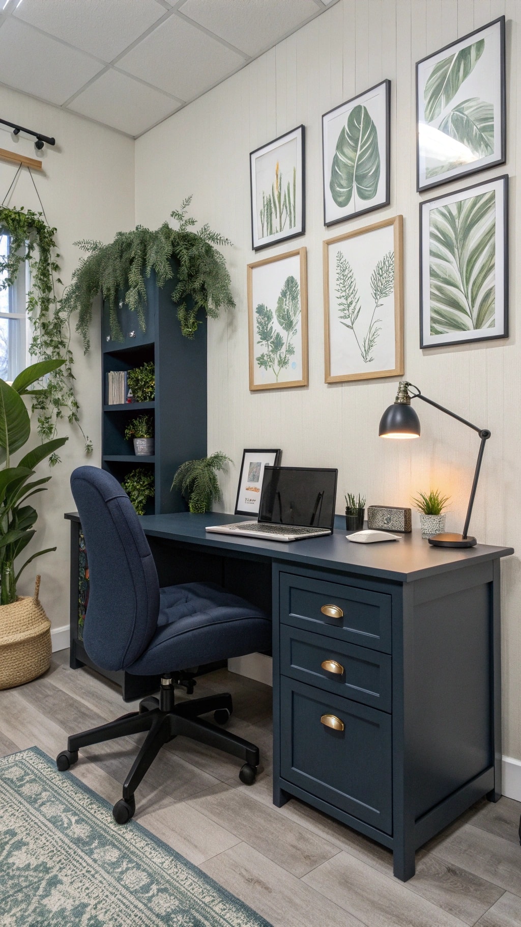 A navy blue office desk with a matching chair, featuring storage and personal decor.
