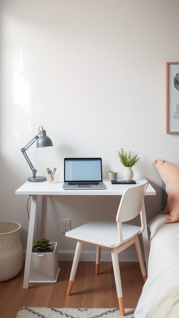 A compact white desk space with a laptop, lamp, and plant in a cozy bedroom setting.