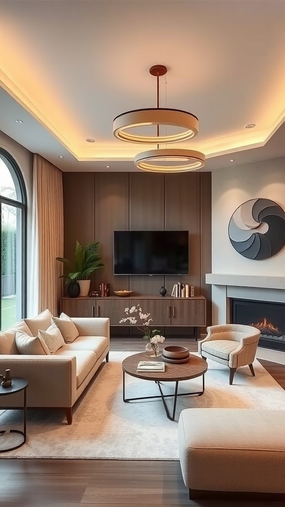 A modern taupe living room featuring a stylish ceiling fan, a taupe sofa, and plants.