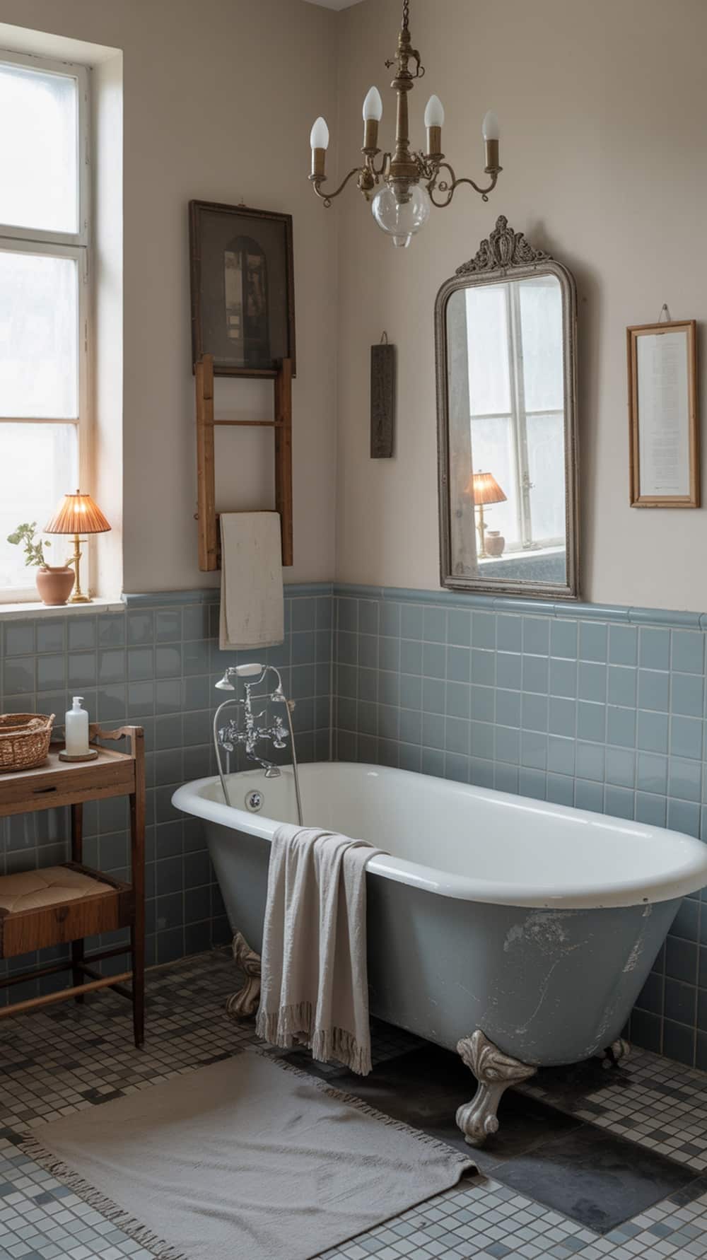 A vintage bathroom featuring a dusty blue clawfoot bathtub, warm lighting, and rustic decor.