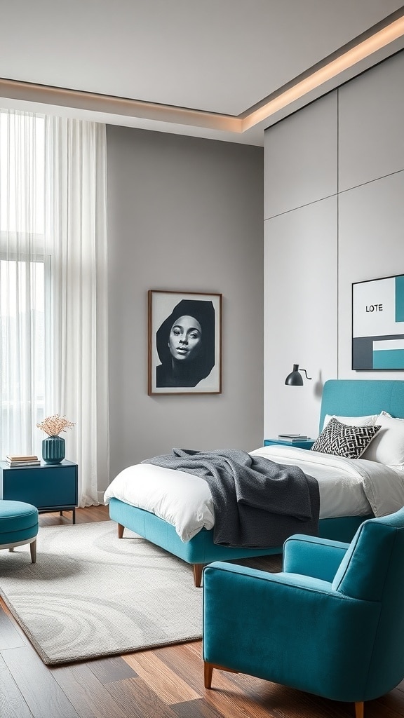 A modern bedroom featuring teal furniture, gray walls, and a black-and-white portrait.