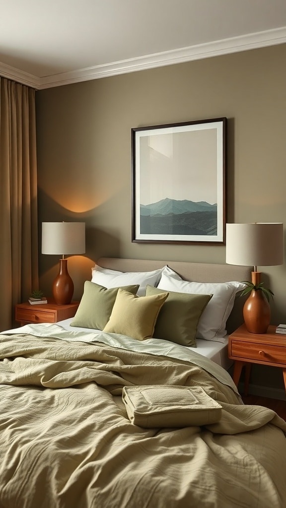 A cozy bedroom featuring muted olive green decor with layered bedding, wooden nightstands, and soft lighting.