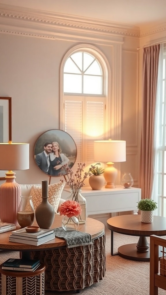 A cozy living room with blush pink decor and warm lighting, featuring lamps, vases, and a textured table.