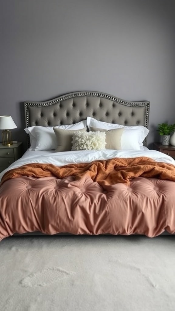 A stylish gray bedding setup featuring a plush headboard, white and beige pillows, and a rust-colored throw blanket.